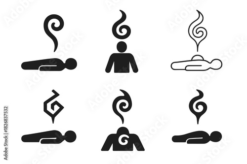 Soul Energy Emblems. Soul leaving the body. Icon set. Set Logo of soul leaving the body: Spiral of energy rising upward. harmonious logo variations of the same