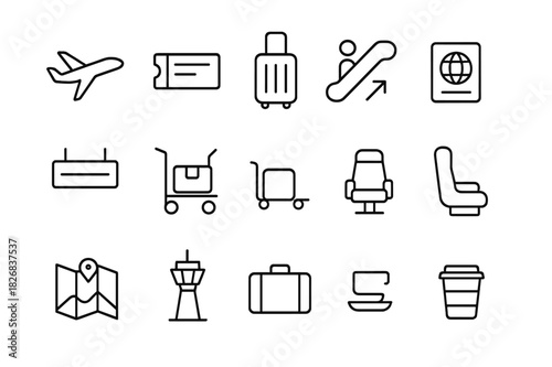 Airport Icons Set. Airport travel. Line icon set of airport travel: airplane, boarding pass, luggage, passport, gate sign, trolley, escalator, seat, map,