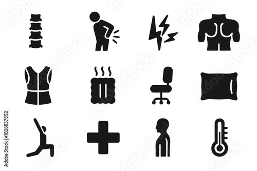 Spine Care Icons. Spine Health. Solid icon set of spine, person holding back, pain lines, muscle, back brace, hot pack, chair, pillow, stretching pose, medical