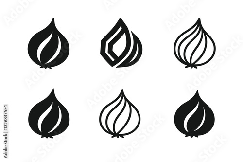 Onion Logo Variations. Onion. Icon set. Set Logo of onion: peeled onion layers. harmonious logo variations of the same emblematic concept, each with different