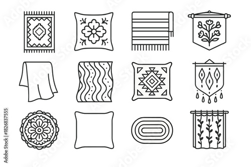 Decorative Textile Icons. Decorative textiles. Line icon set of decorative textiles: patterned rug, embroidered pillow, woven blanket, tapestry, silk throw,