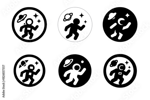 Cosmic Logo Variations. cosmic view. Icon set. Set Logo of cosmic view: astronaut in space. harmonious logo variations of the same emblematic concept, each