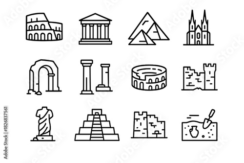 Ancient Architecture Icons. Historic Architecture and Ancient Ruins. Line icon set of Historic Architecture and Ancient Ruins: Roman coliseum, Greek temple,