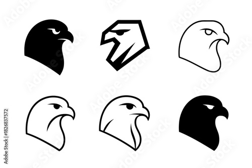 Falcon Logo Variations. Falcons. Icon set. Set Logo of Falcons: Falcon in Flight. harmonious logo variations of the same emblematic concept (Minimal outline,