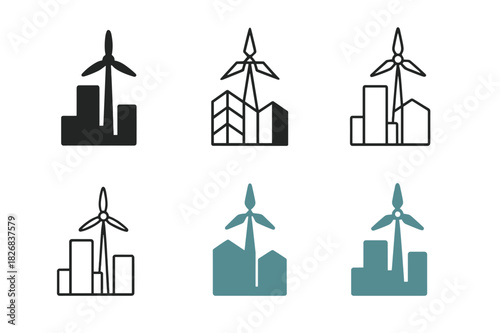 Urban Renewal Logos. Urban Renewable Projects. Icon set. Set Logo of Urban Renewable Projects: wind turbines on rooftops. harmonious logo variations of the