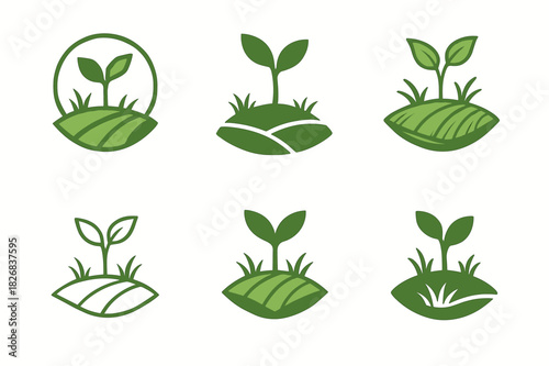 Grassland Rehab Logos. Grassland rehabilitation. Icon set. Set Logo of grassland rehabilitation: Seedling in open field. harmonious logo variations of the same