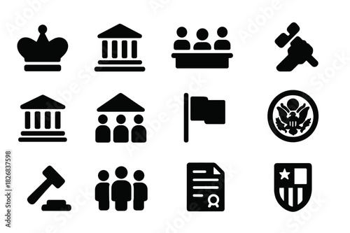 Government Icons Collection. Government types. Solid icon set of Government types: monarchy crown, parliament, democratic assembly, dictatorship icon, republic