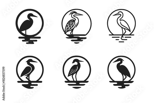 Heron Logo Variations. Herons. Icon set. Set Logo of Herons: heron and moon reflection. harmonious logo variations of the same emblematic concept, each with