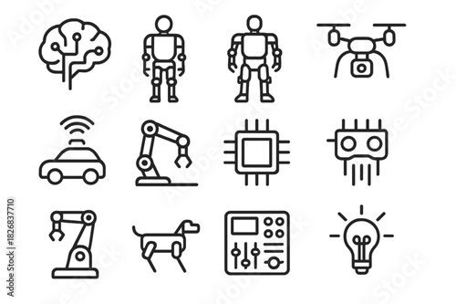Robotic Icon Set. Robotic Innovation. Line icon set of Robotic Innovation: AI brain, humanoid robot, exoskeleton, drone, autonomous car, robotic arm,