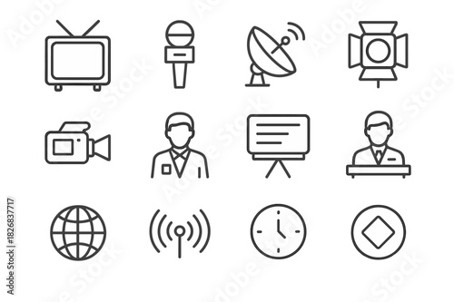 Broadcast Journalism Icons. Broadcast journalism. Line icon set of broadcast journalism: TV screen, microphone, satellite dish, studio light, camera, reporter,