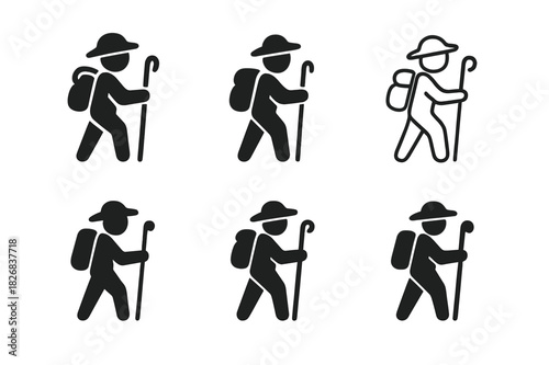 Pilgrim Logo Variations. Holy pilgrimage. Icon set. Set Logo of Holy pilgrimage: Pilgrim walking with staff. harmonious logo variations of the same emblematic