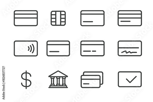 Bank Card Icons. Bank Card Icons. Line icon set of Bank Card Icons: magnetic stripe, chip, credit card front, credit card back, contactless payment symbol,