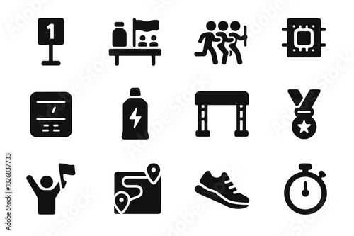 Marathon Icon Set. Marathon. Line icon set of marathon: runner, bib number, medal, water station, finish line, map route, cheering crowd, energy gel, timer,
