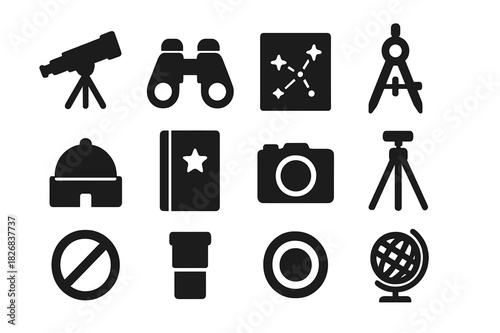Astronomy Tools Icons. Astronomy tools. Solid icon set of astronomy tools: telescope, binoculars, star chart, compass, planetarium, notebook, camera, tripod,