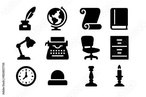 Antique Office Icons. Antique Office Decor. Solid icon set of inkwell, quill, scroll, globe, book, desk lamp, typewriter, chair, filing cabinet, clock,