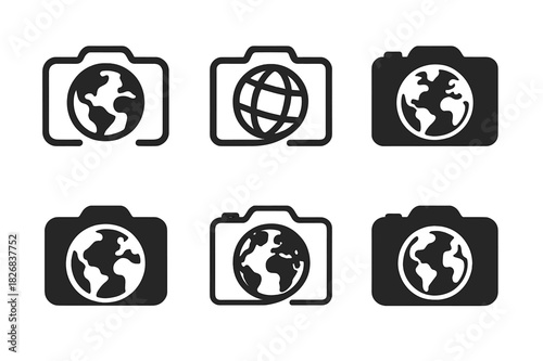 World Traveler Logos. World travelers. Icon set. Set Logo of world travelers: Camera with world outline. harmonious logo variations of the same emblematic