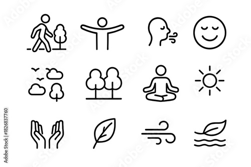 Fresh Air Icons. Enjoying fresh air. Line icon set of enjoying fresh air: walking in park, stretching arms, deep breathing, smiling face, open sky, trees,