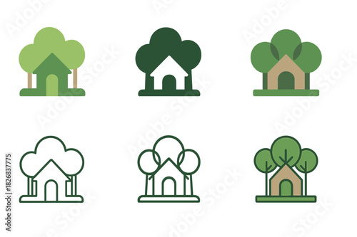 Eco-Lodge Logo Variations. Nature-based wellness tourism. Icon set. Set Logo of wellness tourism: eco-lodge icon. harmonious logo variations of the same