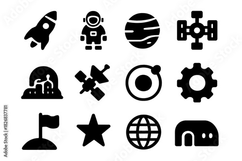 Interplanetary Icon Set. Interplanetary future. Solid icon set of interplanetary future: rocket, astronaut, planet, space station, dome city, satellite, orbit,