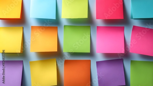 Arrangement of multiple vibrant, adhesive notes adhered to a pale blue background surface