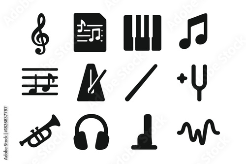 Music Icon Set. Musical Composition. Solid icon set of Musical Composition: treble clef, sheet music, piano keys, notes, staff lines, metronome, baton, tuning