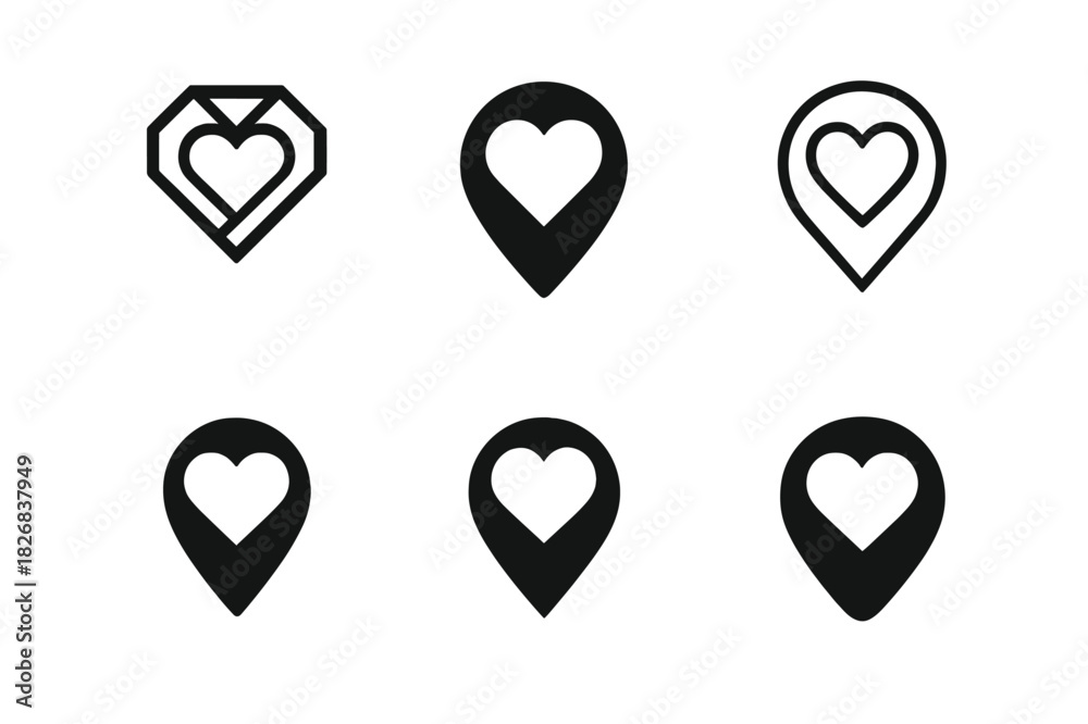 Fototapeta premium Wedding Destination Icons. Destination weddings and honeymoon destinations. Icon set. Set Logo of destination weddings: map pin with heart symbol. harmonious