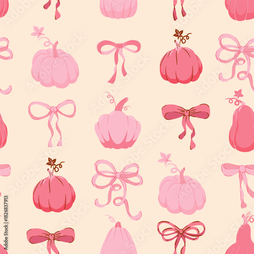 Seamless pattern pumpkins in Coquette preppy bows trellis for fall holidays, Thanksgiving textiles