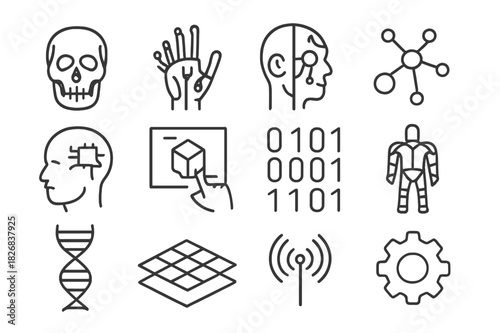 Cybernetic Evolution Icons. Cybernetic evolution. Line icon set of cybernetic evolution: robotic skull, circuit hand, human-machine merge, neuron map, chip
