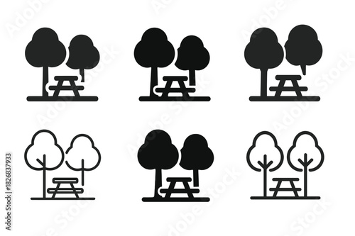 Park Logo Variations. Park. Icon set. Set Logo of park: picnic area under trees. harmonious logo variations of the same emblematic concept, each with different