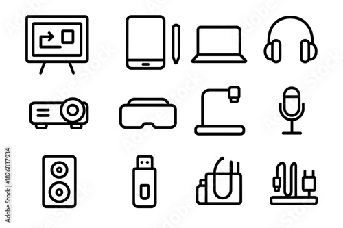 Interactive Learning Icons. Interactive Learning Tools. Line icon set of Interactive Learning Tools: interactive whiteboard, tablet, stylus, laptop,