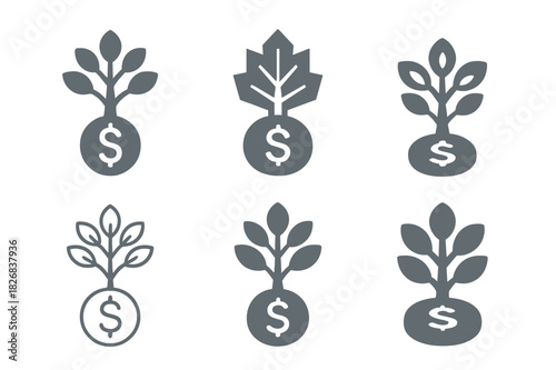 Wealth Management Icons. Wealth Management Office. Icon set. Set Logo of Wealth Management Office: tree growing from coin base. harmonious logo variations of