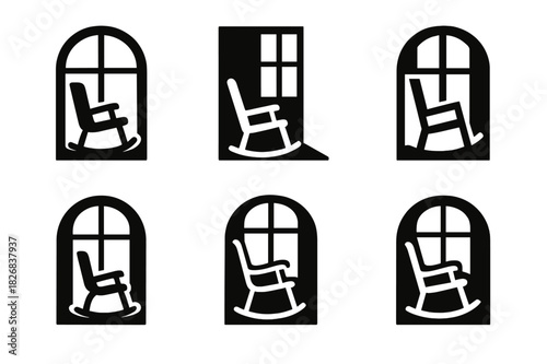 Rocking Chair Logos. Rocking chair by the window. Icon set. Set Logo of rocking chair: chair in calm window corner. harmonious logo variations of the same