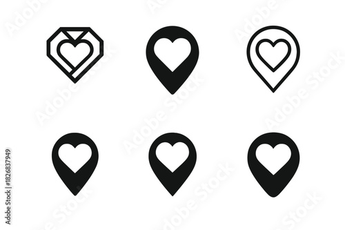 Wedding Destination Icons. Destination weddings and honeymoon destinations. Icon set. Set Logo of destination weddings: map pin with heart symbol. harmonious