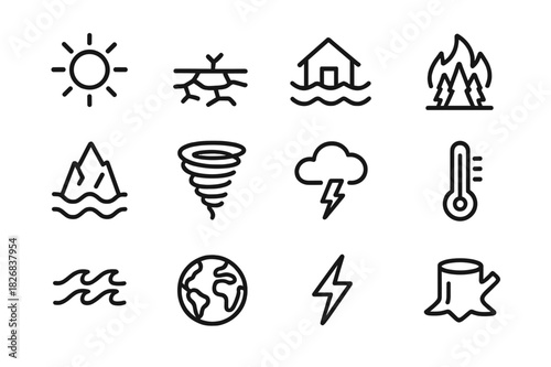 Climate Impact Icons. Climate change impact. Line icon set of climate change impact: sun, drought, flood, wildfire, iceberg melt, tornado, cloud, lightning