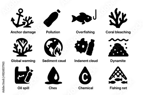 Reef Threat Icons. Threats to reefs. Solid icon set of Threats to reefs: anchor damage, pollution bottle, overfishing, coral bleaching, global warming,