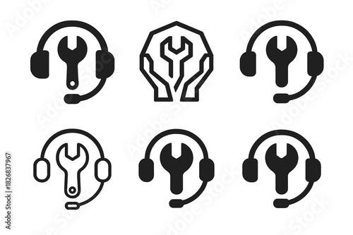 Tech Support Logo Variations. Tech support and IT services. Icon set. Set Logo of tech support and IT services: headset with wrench. harmonious logo variations