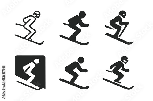 Ski Logo Variations. Skiing or snowboarding down a snowy mountain slope. Icon set. Set Logo of skier. harmonious logo variations of the same emblematic concept