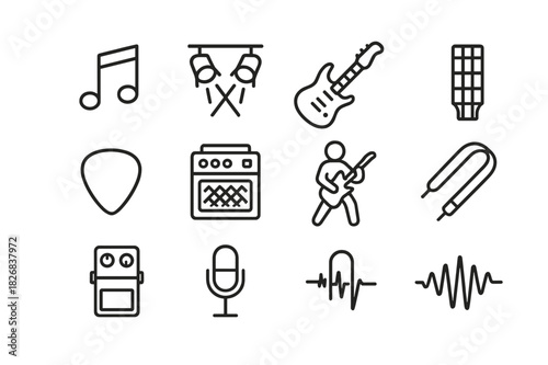 Iconic Guitar Performance. Guitar Solo Performance. Line icon set of Guitar Solo Performance: music notes, stage lights, electric guitar, guitar neck, guitar