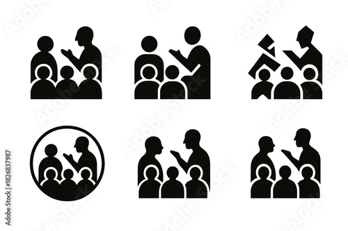 Storytelling Night Logos. Cultural storytelling nights. Icon set. Set Logo of storytelling nights: audience with attentive posture. harmonious logo variations