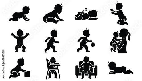 Collection of baby silhouettes in various poses on a white background
