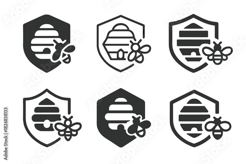 Pollinator Icon Set. Protecting pollinators. Icon set. Set Logo of protecting pollinators: Beehive. harmonious logo variations of the same emblematic concept,