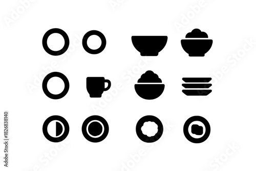Portion Size Icons. Portion sizes. Solid icon set of Portion sizes: small plate, medium plate, large plate, full bowl, half plate, serving cup, overflowing