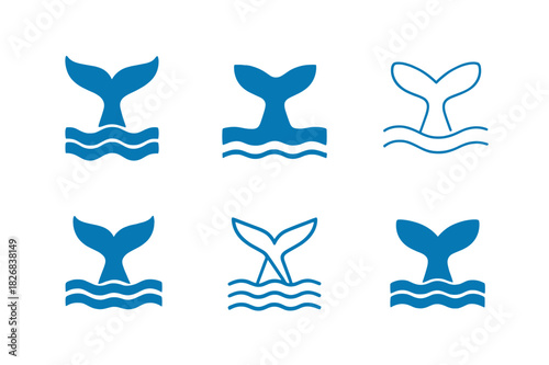Harmonious Whale Logos. Oceans and seas. Icon set. Set Logo of oceans and seas: whale tail diving beneath surface waves. harmonious logo variations of the same