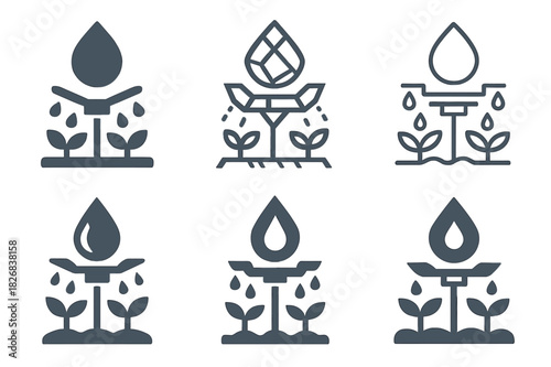 Irrigation Icon Set. Water-efficient irrigation systems. Icon set. Set Logo of irrigation: stylized water-saving irrigation icon. harmonious logo variations of