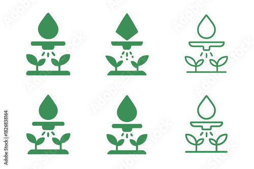 Irrigation Icon Set. Water-efficient irrigation systems. Icon set. Set Logo of irrigation: stylized water-saving irrigation icon. harmonious logo variations of