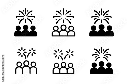 Festive Emblem Variations. Shared celebration. Icon set. Set Logo of shared celebration: fireworks over crowd. harmonious logo variations of the same