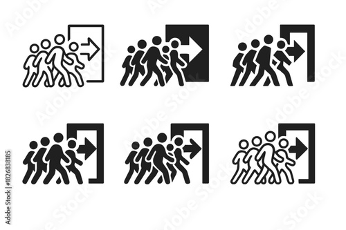 Evacuation Icon Set. Emergency evacuation of large groups in high-risk environments. Icon set. Set Logo of emergency evacuation of large groups in high-risk