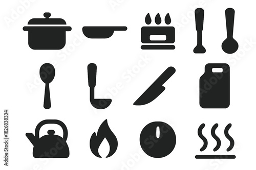 Kitchen Essentials Icons. Kitchen essentials. Solid icon set of Kitchen essentials: pot, pan, burner, spatula, spoon, ladle, knife, cutting board, kettle,