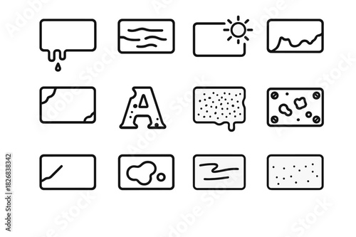 Sign Deterioration Icons. Sign deterioration. Line icon set of sign deterioration: rust drip, surface erosion, flaking edge, UV damage, worn letter icon,