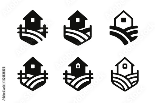 Landowner Logo Variations. Landowner. Icon set. Set Logo of landowner: farm with fencing. harmonious logo variations of the same emblematic concept, each with